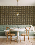 Fern Lattice Gilt hand-drawn diamond wallpaper as a feature wall in a sunlit breakfast nook