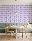 Fern Lattice Plum hand-drawn diamond wallpaper as a feature wall in a sunlit breakfast nook