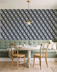 Floral Fantasia Charcoal diamond lattice wallpaper as a feature wall in a sunlit breakfast nook
