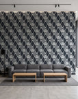 Floral Fantasia Charcoal diamond lattice wallpaper in a contemporary commercial office lobby