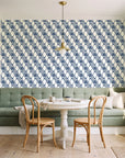 Floral Fantasia Ivory diamond lattice wallpaper as a feature wall in a sunlit breakfast nook