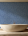 Forest Leaf Slate Blue botanical leaf wallpaper creating ambiance in a serene spa bathroom