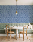 Forest Leaf Slate Blue botanical leaf wallpaper as a feature wall in a sunlit breakfast nook