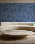 Forest Leaf Slate Blue botanical leaf wallpaper in an elegant living room