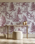 Frost & Fable Burgundy woodland toile wallpaper on the wall of a grand entry foyer