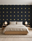 Frost Mosaic Noir geometric tile wallpaper behind a low platform bed in a serene Japandi bedroom