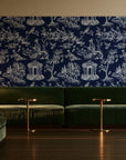 Garden Folly Midnight pastoral toile wallpaper in an intimate luxury cocktail lounge