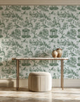 Garden Folly Sage pastoral toile wallpaper on the wall of a grand entry foyer