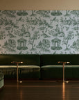 Garden Folly Sage pastoral toile wallpaper in an intimate luxury cocktail lounge