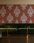 Gentlebotan Terracotta botanical damask wallpaper in an intimate luxury cocktail lounge