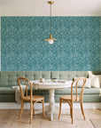 Grain Shift Teal minimalist dash wallpaper as a feature wall in a sunlit breakfast nook