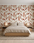 Hanging Garden Terracotta botanical wallpaper behind a low platform bed in a serene Japandi bedroom