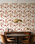 Hanging Garden Terracotta botanical wallpaper behind a walnut credenza and round table in an elegant dining room