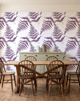Harbor Fern Plum fern wallpaper in a farmhouse dining room with a sage sideboard and rustic trestle table