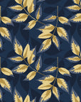 Harvest Crown Midnight leafy branch wallpaper in midnight and champagne