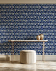 Hidden Court Midnight floral ogee wallpaper on the wall of a grand entry foyer