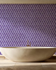 Hidden Court Plum floral ogee wallpaper creating ambiance in a serene spa bathroom