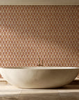 Hidden Court Terracotta floral ogee wallpaper creating ambiance in a serene spa bathroom