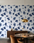 Hidden Garden Navy floral wallpaper in an elegant dining room