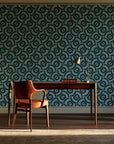 Indigo Labyrinth Emerald geometric wallpaper as a feature wall in a home study