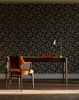 Indigo Labyrinth Midnight Gold geometric wallpaper as a feature wall in a home study