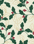 Ink & Oak Evergreen oak leaf and berry wallpaper in evergreen and burgundy