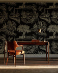 Inked Grove Gilt pastoral toile wallpaper as a feature wall in a home study