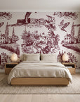 Inked Grove Oxblood pastoral toile wallpaper behind a low platform bed in a serene Japandi bedroom