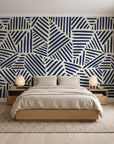 Kinetic Etch Ink hand-drawn lines wallpaper behind a low platform bed in a serene Japandi bedroom