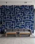 Linear Circuit Navy minimalist line wallpaper in a contemporary commercial office lobby