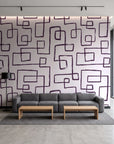 Linear Circuit Plum minimalist line wallpaper in a contemporary commercial office lobby