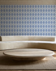Linen Diamonds Navy argyle wallpaper in an elegant living room