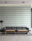 Linen Diamonds Sage argyle wallpaper in a contemporary commercial office lobby