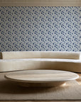 Linen & Leaf Indigo leaf wallpaper in an elegant living room