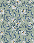 Magnolia Morning Slate magnolia bloom wallpaper in slate blue and linen