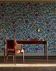 Matisse Reverie Emerald folk floral wallpaper as a feature wall in a home study