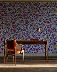 Matisse Reverie Plum folk floral wallpaper as a feature wall in a home study