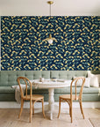 Meadow Light Midnight meadow flower wallpaper as a feature wall in a sunlit breakfast nook