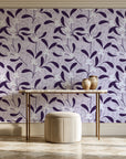 Mistletoe Trail Aubergine mistletoe wallpaper on the wall of a grand entry foyer