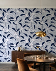 Mistletoe Trail Navy mistletoe wallpaper in an elegant dining room