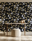 Mistletoe Trail Noir mistletoe wallpaper on the wall of a grand entry foyer