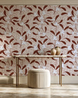 Mistletoe Trail Terracotta mistletoe wallpaper on the wall of a grand entry foyer