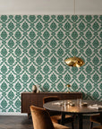 Misty Fern Romance Emerald damask wallpaper in an elegant dining room