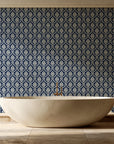 Misty Fern Romance Midnight damask wallpaper creating ambiance in a serene spa bathroom