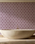 Misty Fern Romance Oxblood damask wallpaper creating ambiance in a serene spa bathroom