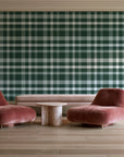 Moors & Mist Forest plaid wallpaper in a boutique hotel sitting area