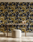 Muted Block Graphite geometric wallpaper on the wall of a grand entry foyer