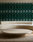 Ogee Loom Emerald ikat ogee wallpaper in an elegant living room