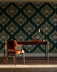 Old World Flora Evergreen floral damask wallpaper as a feature wall in a home study