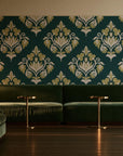 Old World Flora Evergreen floral damask wallpaper in an intimate luxury cocktail lounge